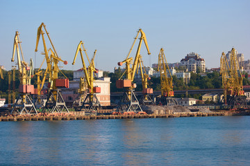 Obraz premium Wharf cranes with city background. Level luffing yellow cranes.