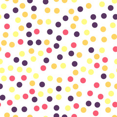 Colorful polka dots seamless pattern on black 25 background. Stunning classic colorful polka dots textile pattern. Seamless scattered confetti fall chaotic decor. Abstract vector illustration.