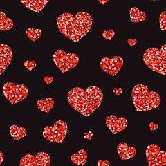 Seamless pattern with red shiny hearts on black background. Vector