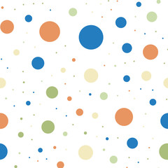 Colorful polka dots seamless pattern on white 6 background. Exquisite classic colorful polka dots textile pattern. Seamless scattered confetti fall chaotic decor. Abstract vector illustration.