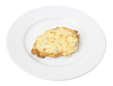 Baked beef chop with cheese.