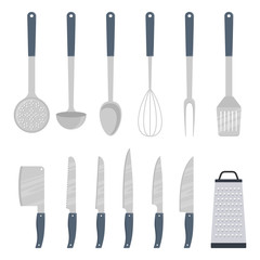 Kitchen utensils, set. Ladle, spatula, whisk, skimmer, spoon, grater, kitchen axe, knife, vector illustration isolated.