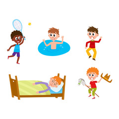 vector summer camp kids set. Caucasian and african boys sleeping in bed, playing badminton and dancing at party, swimming in water, playing at stage. Isolated illustration white background