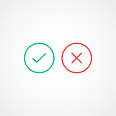 Thin line check mark icons. Green tick and red cross checkmarks flat line icons set. Vector illustration isolated on white background