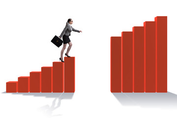 Businesswoman climbing bar chart in economic recovery concept