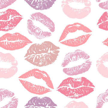 Seamless pattern with lipstick kisses. Colorful lips of gentle purple and pink shades isolated on a white background.fabric print, wrapping or romantic greeting card design. Lipstick kiss vector