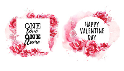 Hand drawn collection of artistic love, wedding, Valentine congratulation designs with text message, watercolor elements, flowers, frames, wreath, paint drops & backdrops, card decoration, banner.