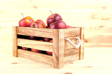 Fresh and delicious red  apples in a wooden crate on a white background .