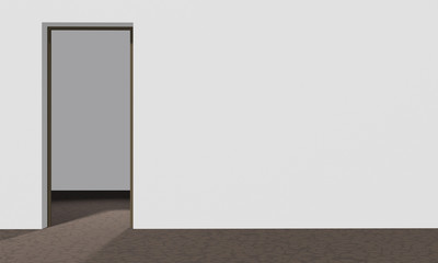White evenly painted wall with a doorway on the left leading to another room. Brown floor has a crackle pattern. Horizontal 3d render.