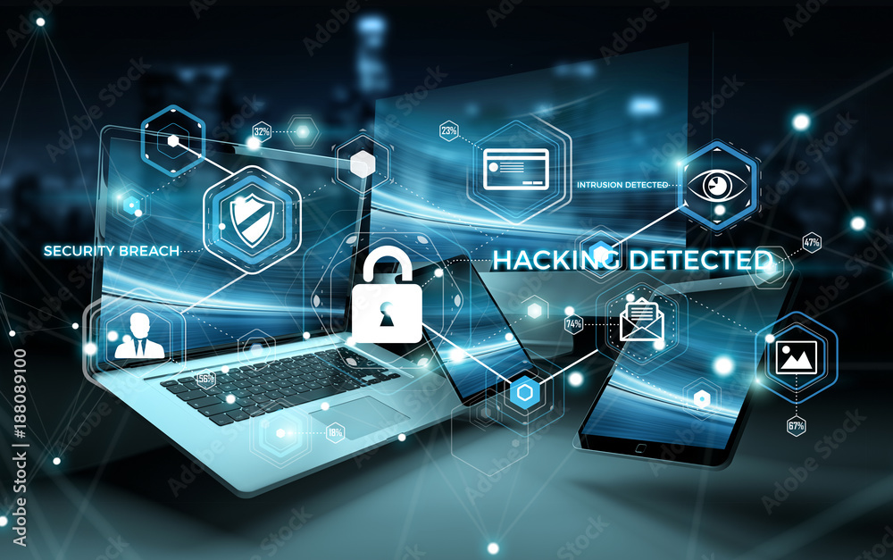 Aufkleber Antivirus interface over modern tech devices 3D rendering