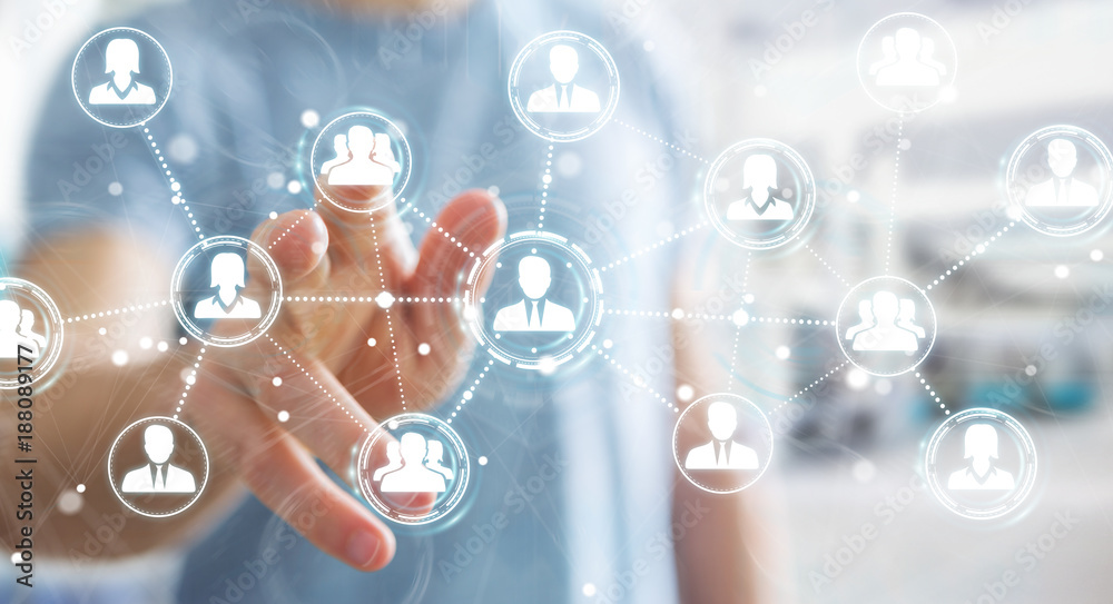 Poster Businessman using social network connection 3D rendering