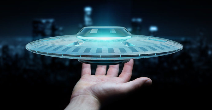 Businessman with retro UFO spaceship 3D rendering