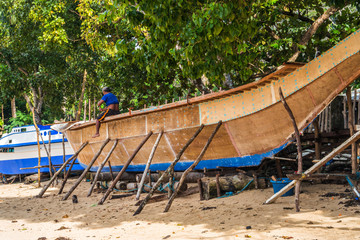 Bangka boats shipbuilding on the beach, Philippines