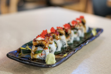 Japanese Food : Unagi roll on plate for service in Japanese reatuarant.