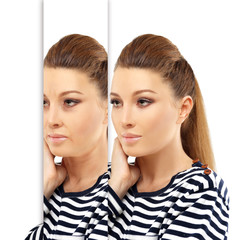 Aging. Mature woman-young woman.Face with skin problem.Before and after cosmetic procedures