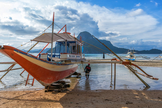 Bangka boat is standing on the beach, Philippines
