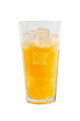 fizzy drink with ice in glass on white background