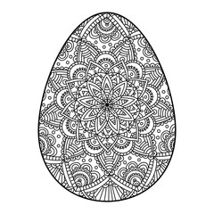 Vector illustration of an Easter egg with a mandala pattern, coloring, isolated on a white background.
