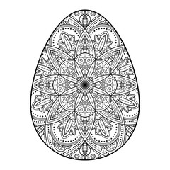 Vector illustration of an Easter egg with a mandala pattern, coloring, isolated on a white background.