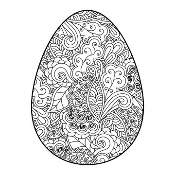 Vector Illustration Of An Easter Egg With Doodle Pattern, Coloring, Isolated On White Background.