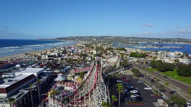 San Diego - Mission Beach Park - Drone Video. Mission Beach Park  Aerial Video of historic oceanfront amusement park located in the Mission Bay area of San Diego, California