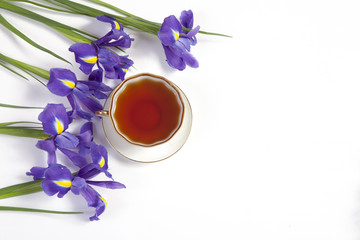 Violet Irises xiphium (Bulbous iris, sibirica) with cup of tea on white background with space for text. Top view, flat . Holiday greeting card for Valentine's Day, Woman's Day, Mother's Day, Easter!