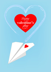greeting card for valentine day, text heart and paper airplane on blue background, vector illustration