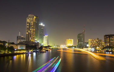 Chao Phraya River Ferris Wheel Trail and night light Bangkok