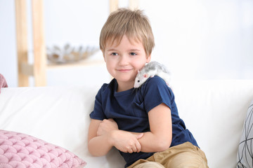 Fototapeta premium Little boy with cute pet rat on sofa indoors
