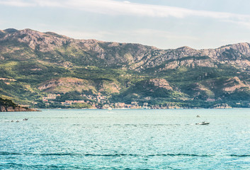 Fragment of the Gulf of the Adriatic Sea in Budva, Montenegro. The most popular beaches are located on the Budva Riviera.