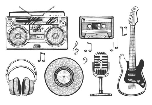 Retro music objects icons set