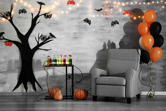 Interior Of Room Decorated For Halloween Party