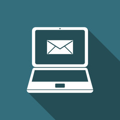 Laptop with envelope and open email on screen icon isolated with long shadow. Email marketing, internet advertising concepts. Flat design. Vector Illustration
