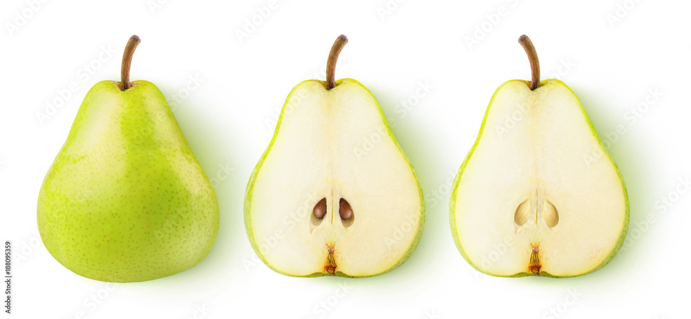 Poster isolated pears. whole yellow green pear fruit and two halves in a row isolated on white background w