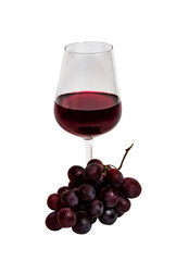 Glass red of wine and purple grapes isolated on white background