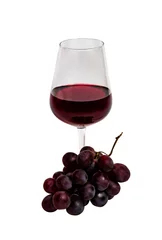 Fotobehang Glass red of wine and purple grapes isolated on white background © emola09
