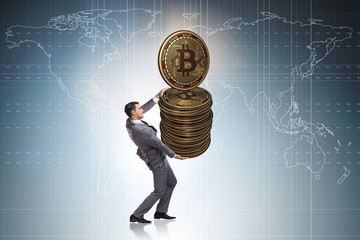 Businessman holding bitcoin in cryptocurrency blockchain concept