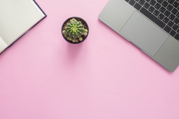 Minimal work space - Creative flat lay photo of workspace desk. Top view office desk with laptop, notebooks and plant copy space on color background. Top view with copy space, flat lay photography.