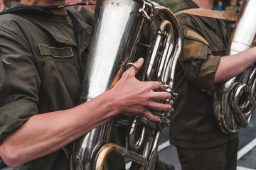 soldiers military musical band on the street in clear day