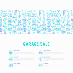 Garage sale concept with thin line icons: signboard, globe, telescope,guitar, rollers, armchair, toolbox, soccer ball. Modern vector illustration for banner, print media, web page.