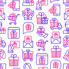 GIveaway or gifts seamless pattern with thin line icons: present in hand, trolley, cart, truck, envelope. Modern vector illustration.