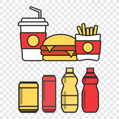 Fast food snacks and drinks flat vector icons. Fastfood icons. Snack bag vector food