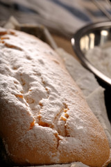 Easter pound cake with powdered sugar in baking mold