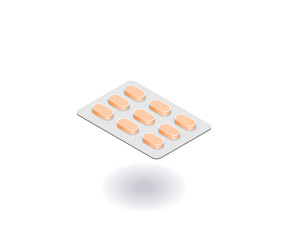 Pills blister, strip with tablets icon. Vector illustration in flat isometric 3D style.