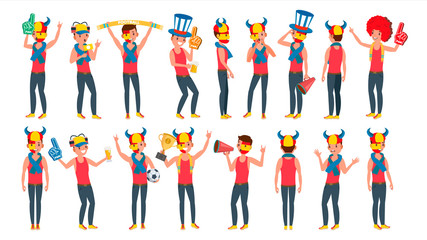 Sports Fan Vector. Outfits Shouting. Cheering At The Stadium. Different Poses. Isolated Flat Cartoon Character Illustration