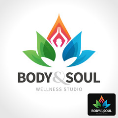Vector yoga, wellness, spa studio logo template. Woman silhouette and lotus flower illustration.
