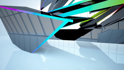 Abstract white and colored gradient  interior multilevel public space with window. 3D illustration and rendering.