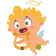 Cute cupid with a harp. Valentine's Day symbol. Cartoon vector illustration isolated on a white background.