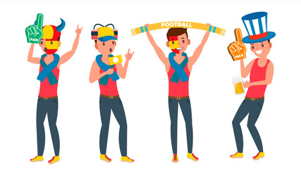 Obraz premium Man Supporting Sport Team Vector. Different Poses. People On Football, Soccer, Hockey Field Bleachers. In Action. Flat Cartoon Illustration