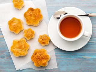 traditional breakfast with a cup of tea and sweet pastries. A plate of scones, a mug of tea, spoon...
